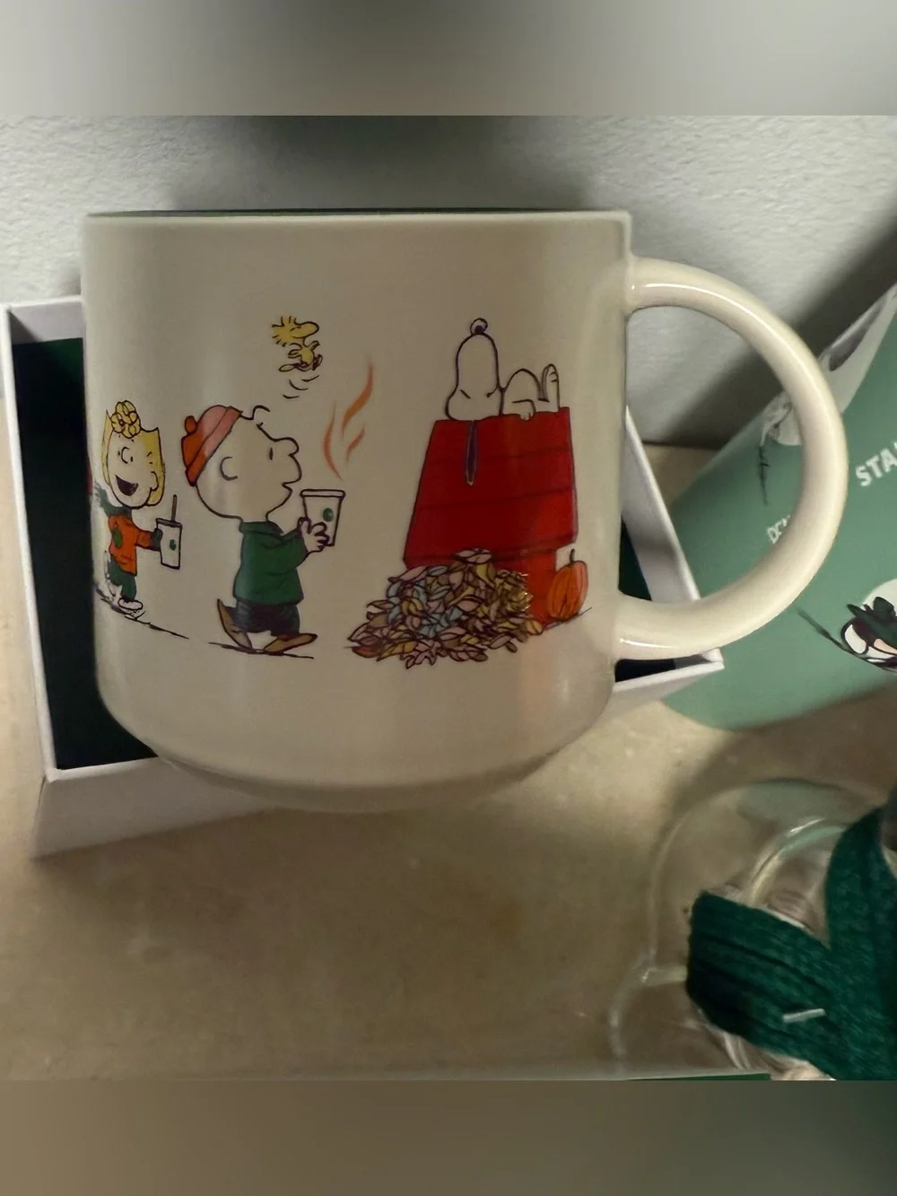 (3) Starbucks, Snoopy glass cold cup, stainless steel cold cup, & ceramic mug.